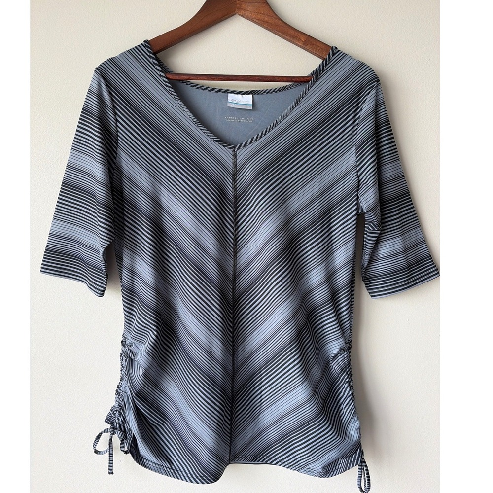Columbia Omni-Wick Grey Striped Side Cinch V-Neck Active Top Womens Large